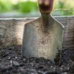 Garden trowel in garden soil
